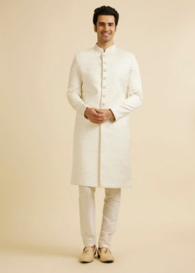 alt message - Manyavar Men Embroidered Brocade Sherwani Warm White image number 2